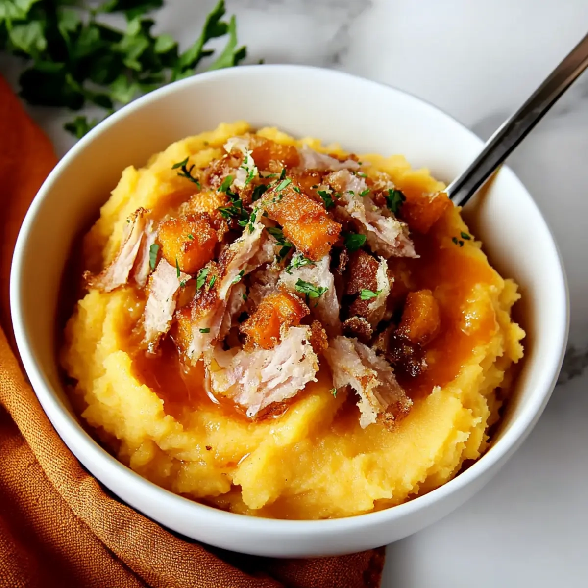 Apple Cider Mashed Sweet Potatoes with Crispy Onions