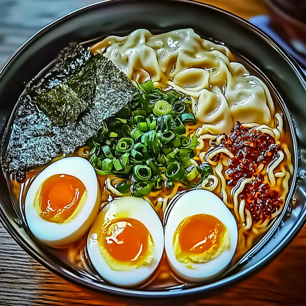 Dumpling Ramen Bowl With Soft-Boiled Eggs