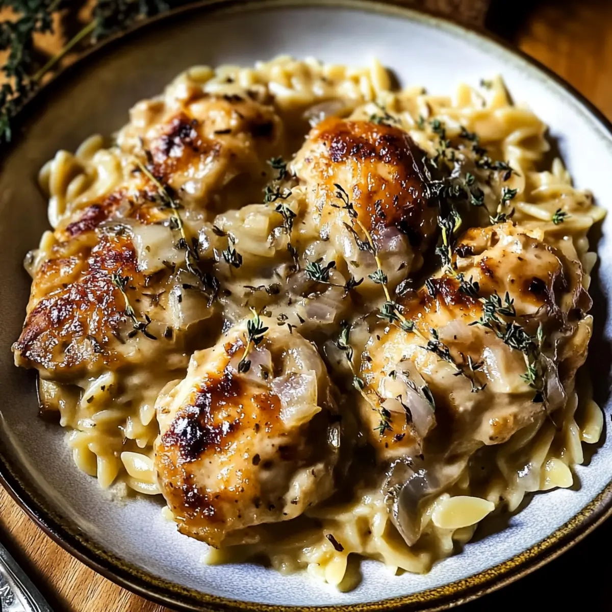 Crockpot Creamy French Onion Chicken and Orzo