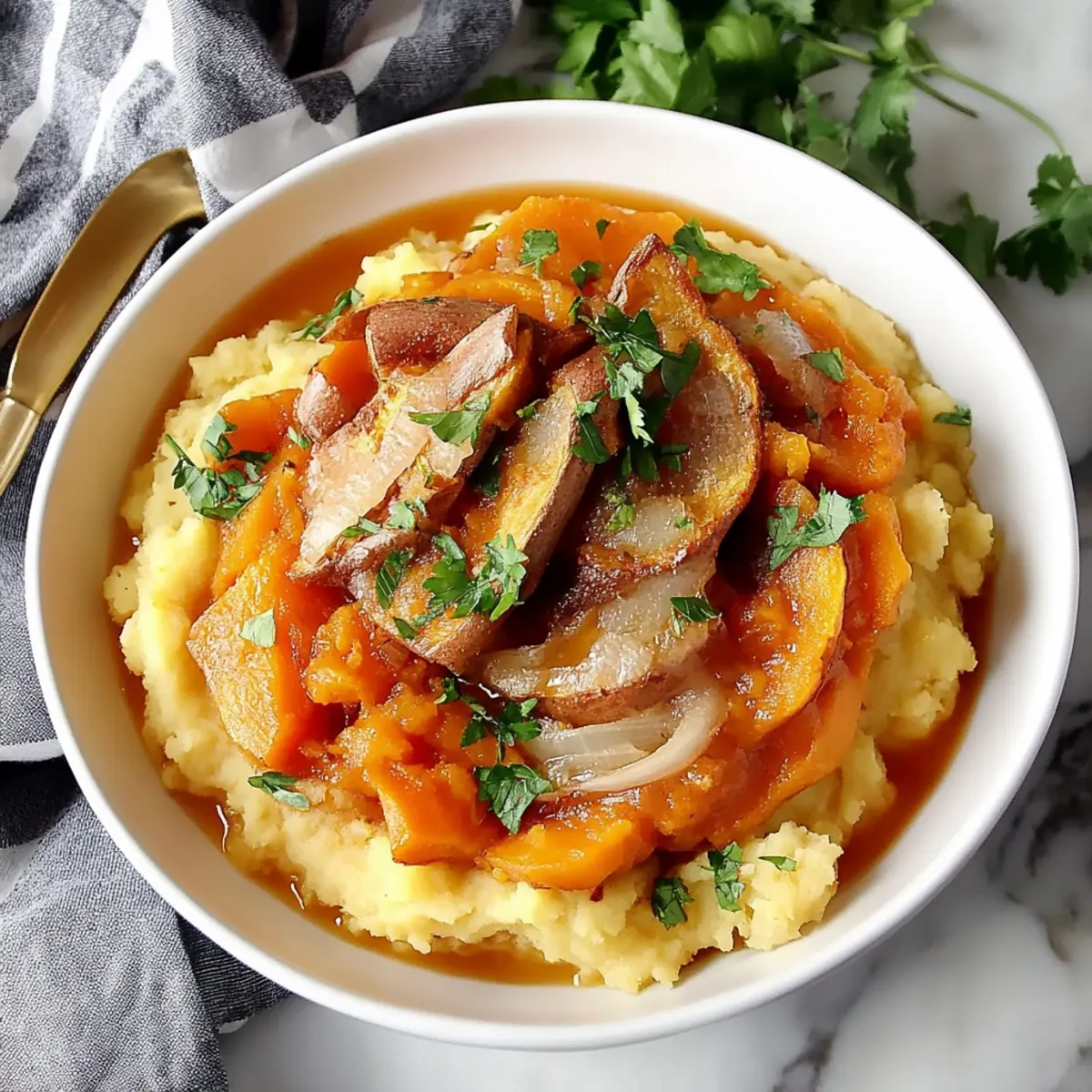 Apple Cider Sweet Potatoes with Crispy Onions