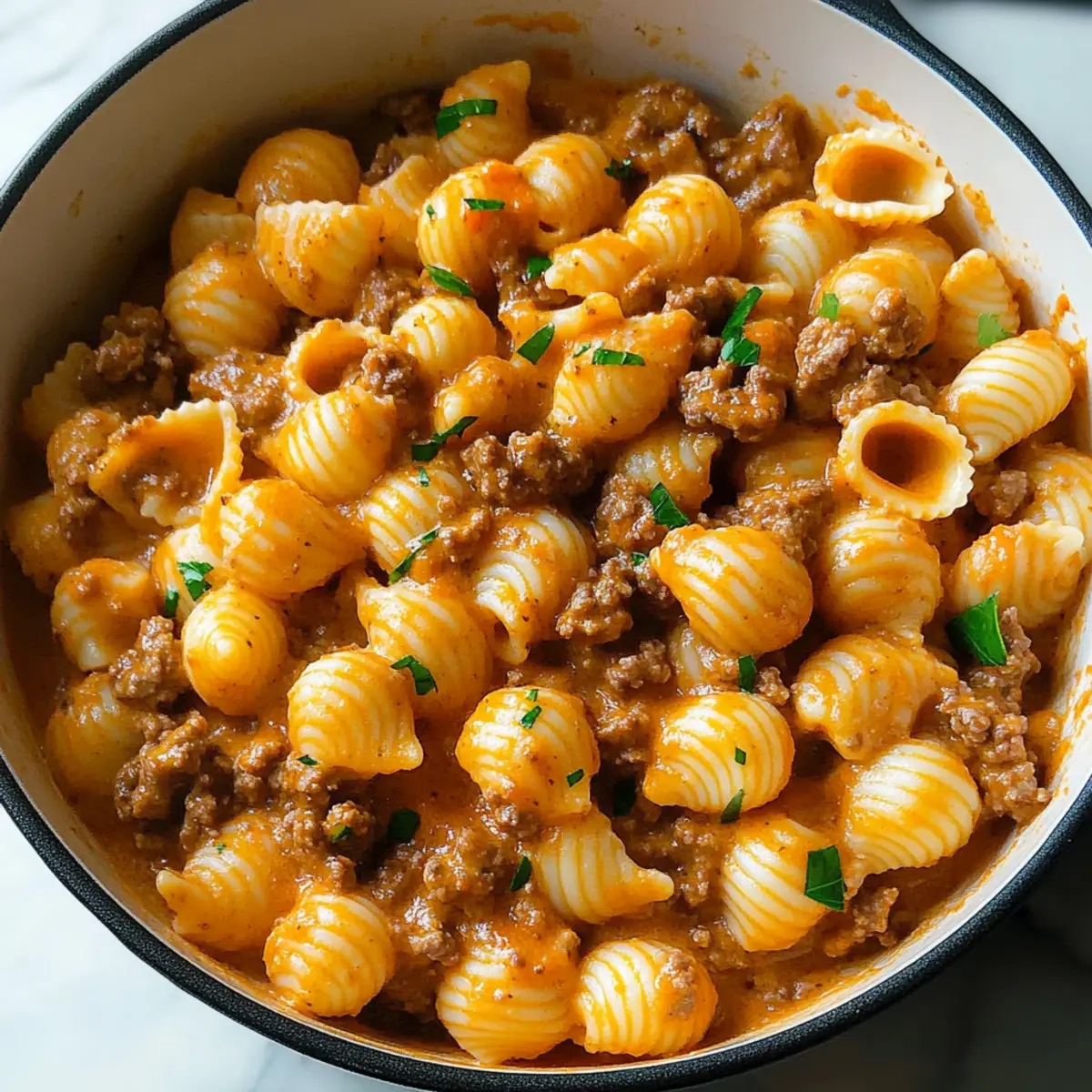One Pot Creamy Beef and Shells Pasta
